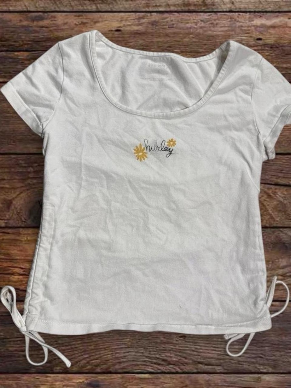 Hurley White Scoop Neck Tee with Yellow Daisy Details